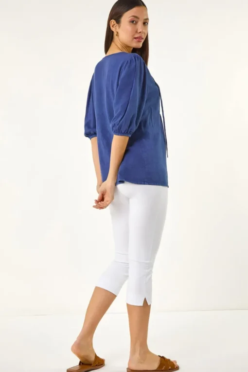 Roman Blue Pleated Tie Neck Top