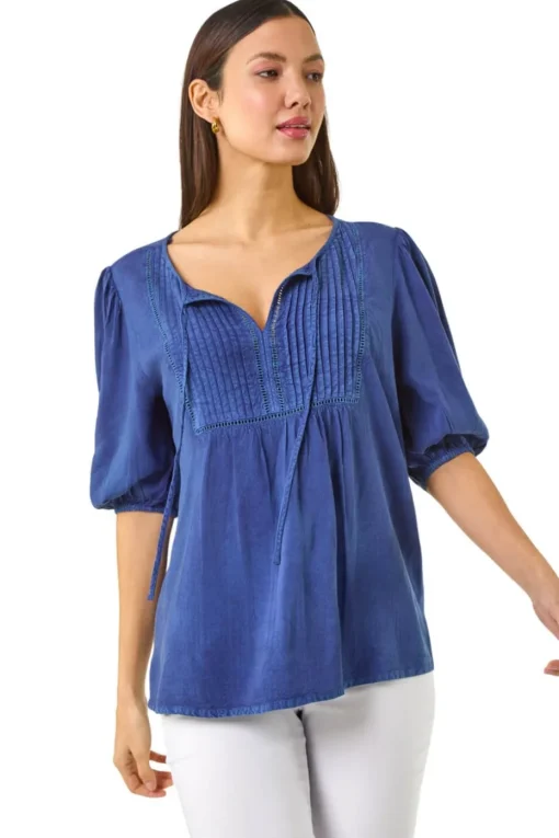 Roman Blue Pleated Tie Neck Top