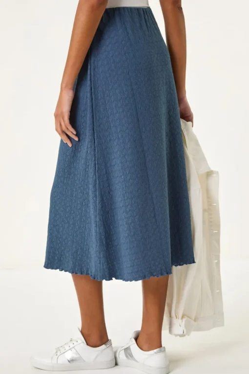 Roman Blue Textured Fluted Hem Midi Skirt