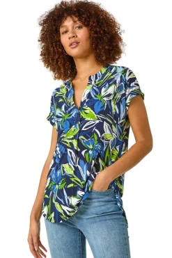 Roman Blue Textured Leaf Print V-Neck Stretch Top