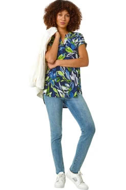Roman Blue Textured Leaf Print V-Neck Stretch Top