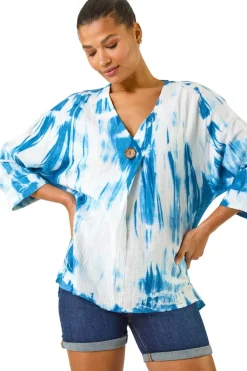 Roman Blue Tie Dye Print V Neck Tunic Top