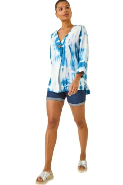 Roman Blue Tie Dye Print V Neck Tunic Top