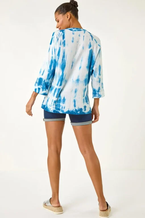 Roman Blue Tie Dye Print V Neck Tunic Top
