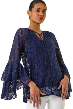 Roman Blue Tie Neck Lace Detail Top