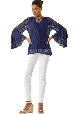 Roman Blue Tie Neck Lace Detail Top