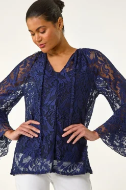 Roman Blue Tie Neck Lace Detail Top