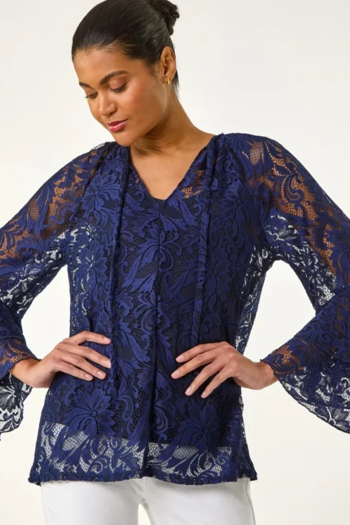 Roman Blue Tie Neck Lace Detail Top
