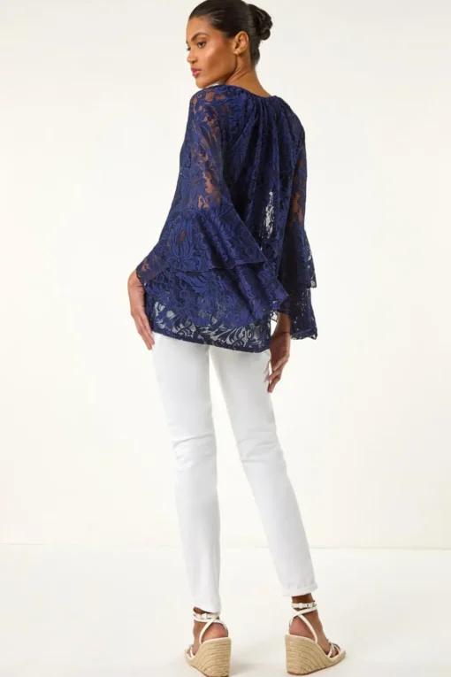 Roman Blue Tie Neck Lace Detail Top