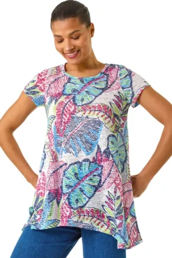 Roman Blue Tropical Leaf Print Burnout Top