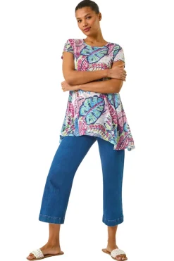 Roman Blue Tropical Leaf Print Burnout Top