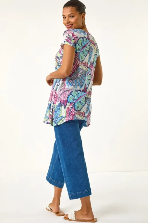 Roman Blue Tropical Leaf Print Burnout Top