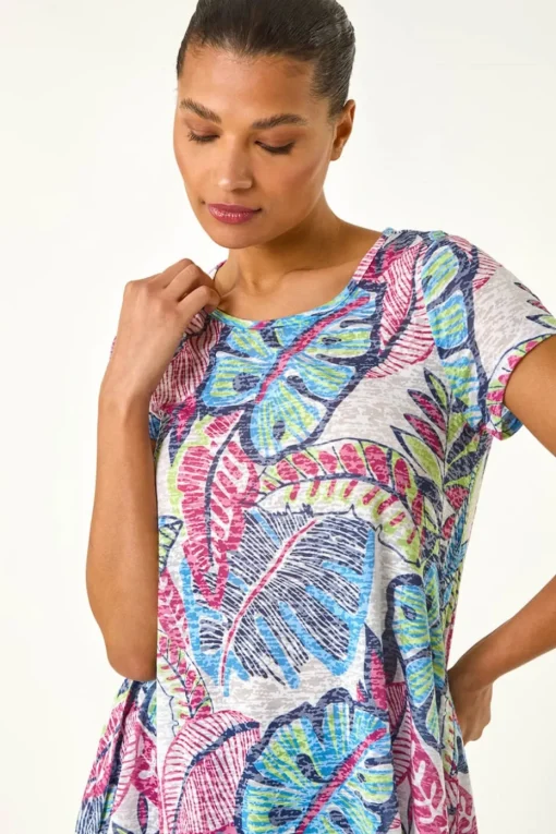 Roman Blue Tropical Leaf Print Burnout Top