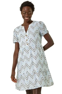 Roman Blue Zig-Zag Embroidered Cotton Tunic Dress