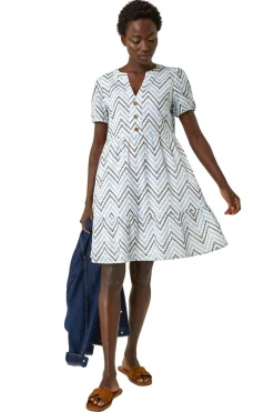Roman Blue Zig-Zag Embroidered Cotton Tunic Dress
