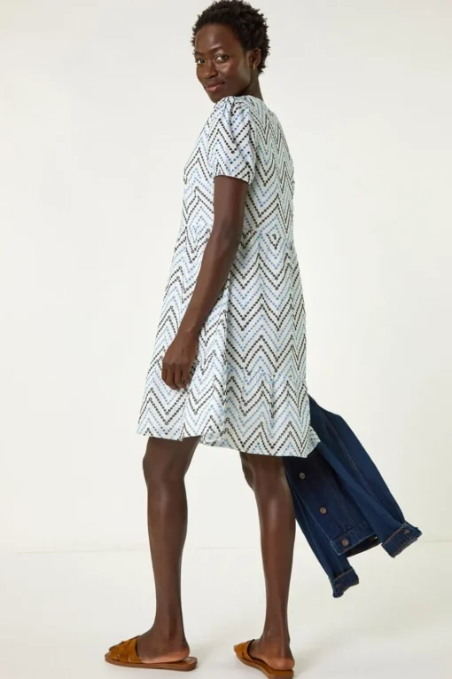 Roman Blue Zig-Zag Embroidered Cotton Tunic Dress