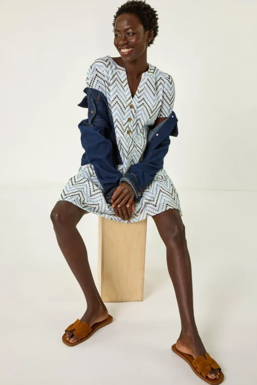 Roman Blue Zig-Zag Embroidered Cotton Tunic Dress