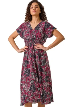 Roman Burgundy Abstract Leaf Print Shirred Midi Dress