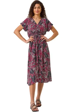 Roman Burgundy Abstract Leaf Print Shirred Midi Dress