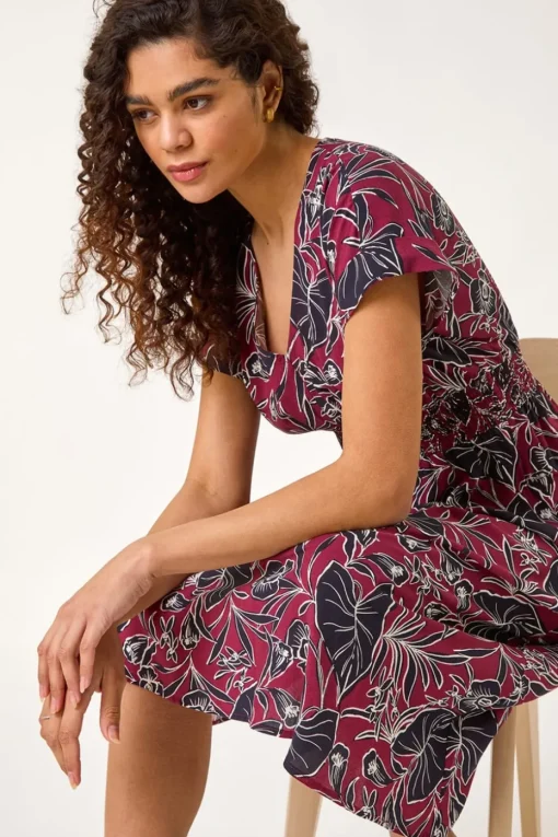Roman Burgundy Abstract Leaf Print Shirred Midi Dress