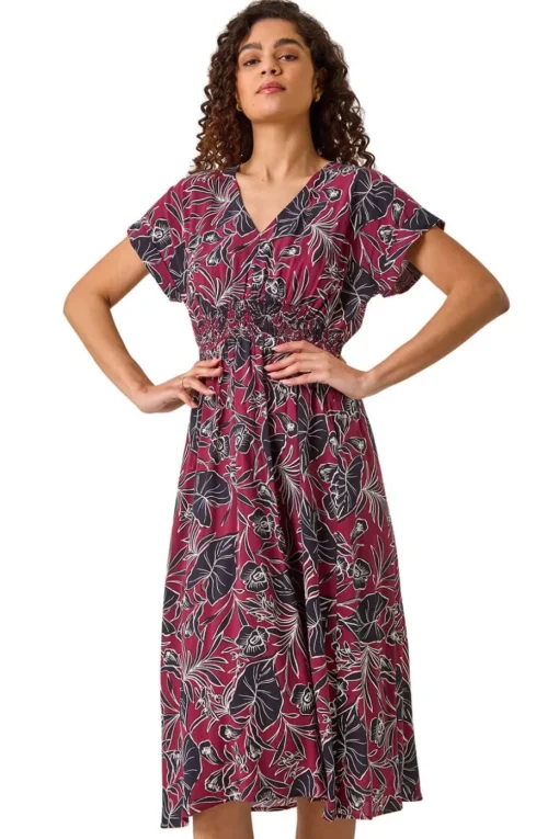 Roman Burgundy Abstract Leaf Print Shirred Midi Dress