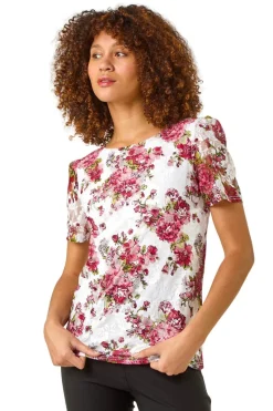 Roman Burgundy Floral Print Lace Stretch Top