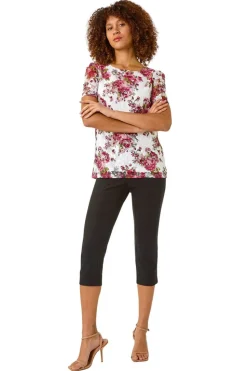 Roman Burgundy Floral Print Lace Stretch Top