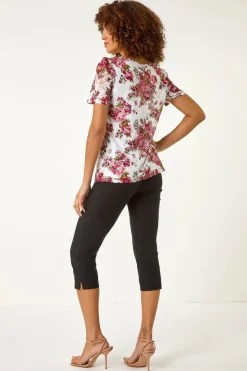 Roman Burgundy Floral Print Lace Stretch Top