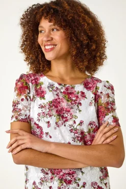 Roman Burgundy Floral Print Lace Stretch Top