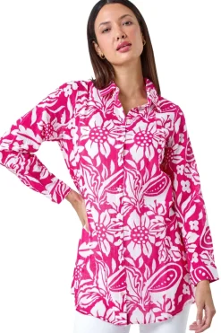 Roman Candy Pink Floral Print Longline Cotton Shirt