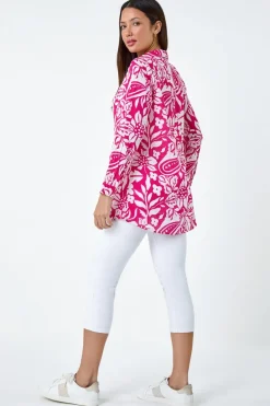 Roman Candy Pink Floral Print Longline Cotton Shirt
