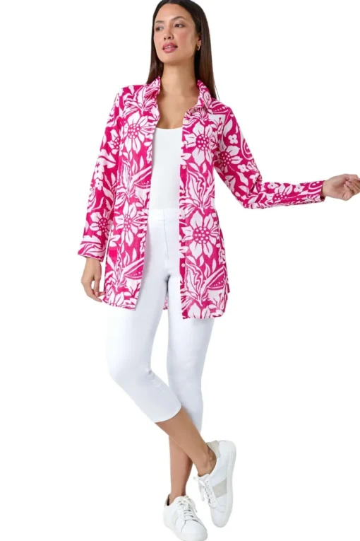 Roman Candy Pink Floral Print Longline Cotton Shirt