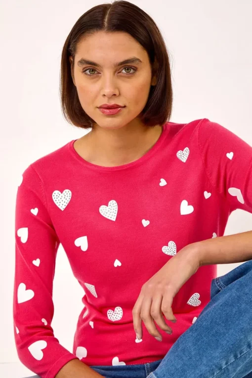 Roman Candy Pink Hotfix Heart Print Knit Jumper