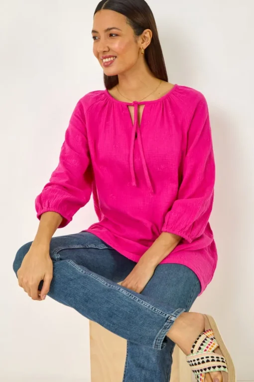 Roman Cerise Tie Neck Tunic Top