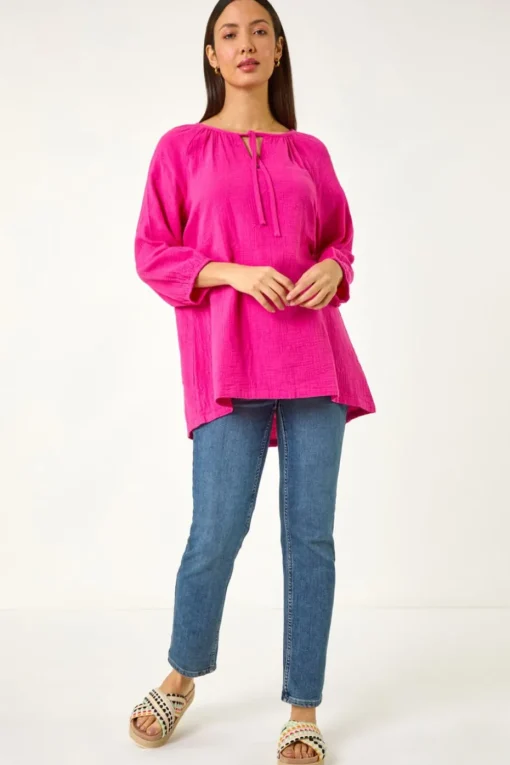 Roman Cerise Tie Neck Tunic Top