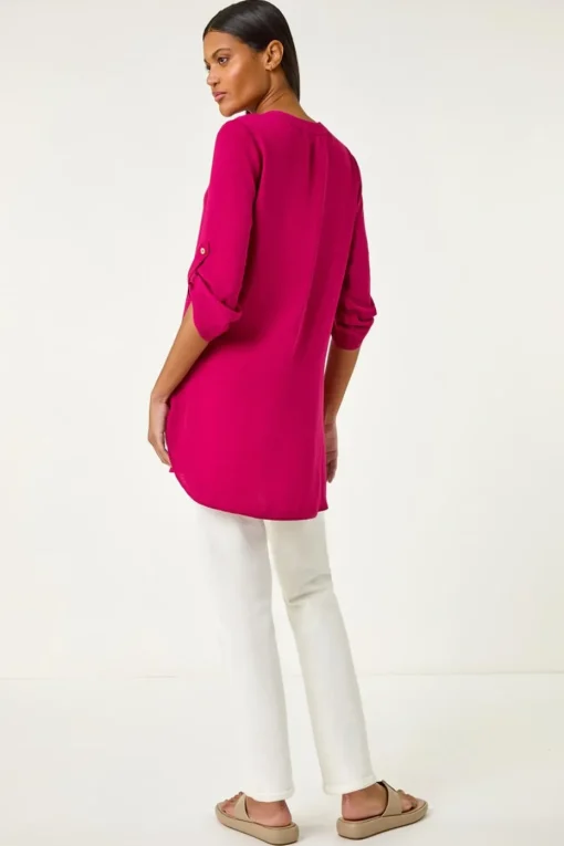 Roman Cerise V Neck Button Detail Top