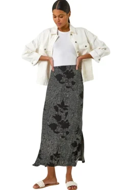 Roman Charcoal Abstract Leaf Print Maxi Skirt