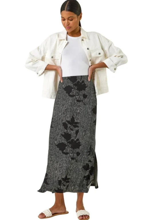 Roman Charcoal Abstract Leaf Print Maxi Skirt