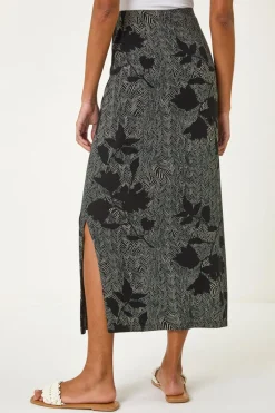 Roman Charcoal Abstract Leaf Print Maxi Skirt