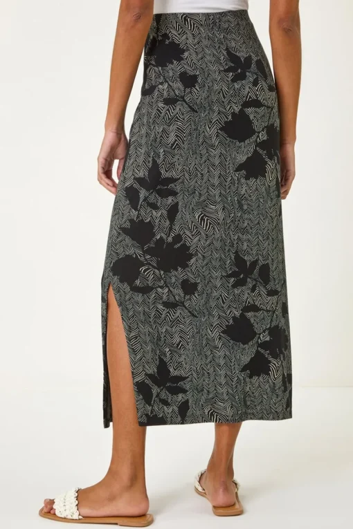 Roman Charcoal Abstract Leaf Print Maxi Skirt