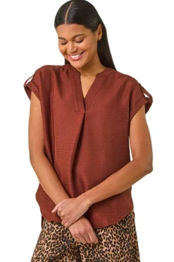 Roman Chocolate Pleated Notch Neck Top