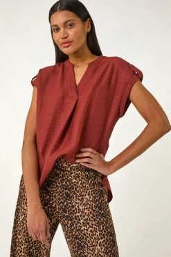 Roman Chocolate Pleated Notch Neck Top