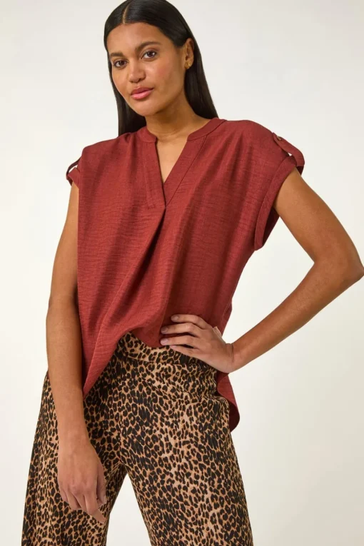 Roman Chocolate Pleated Notch Neck Top