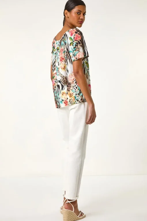 Roman Coral Animal Floral Notch Neck Top