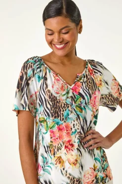 Roman Coral Animal Floral Notch Neck Top
