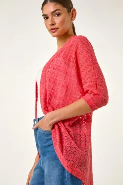 Roman Coral Cotton Crochet Tunic Cardigan