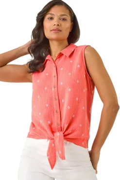 Roman Coral Embroidered Tie Front Blouse