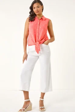 Roman Coral Embroidered Tie Front Blouse