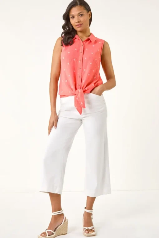 Roman Coral Embroidered Tie Front Blouse