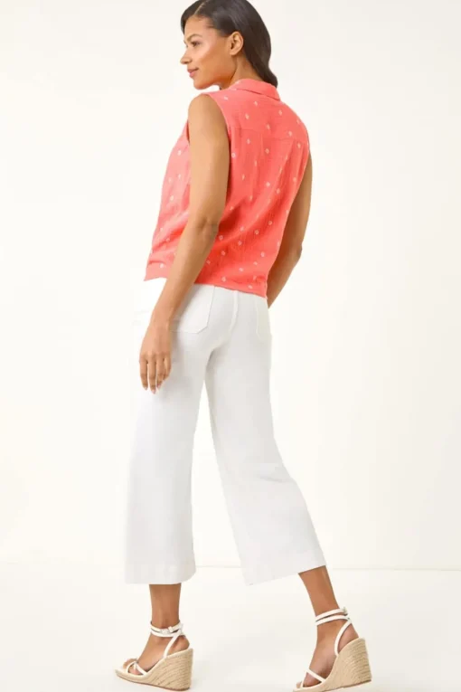 Roman Coral Embroidered Tie Front Blouse